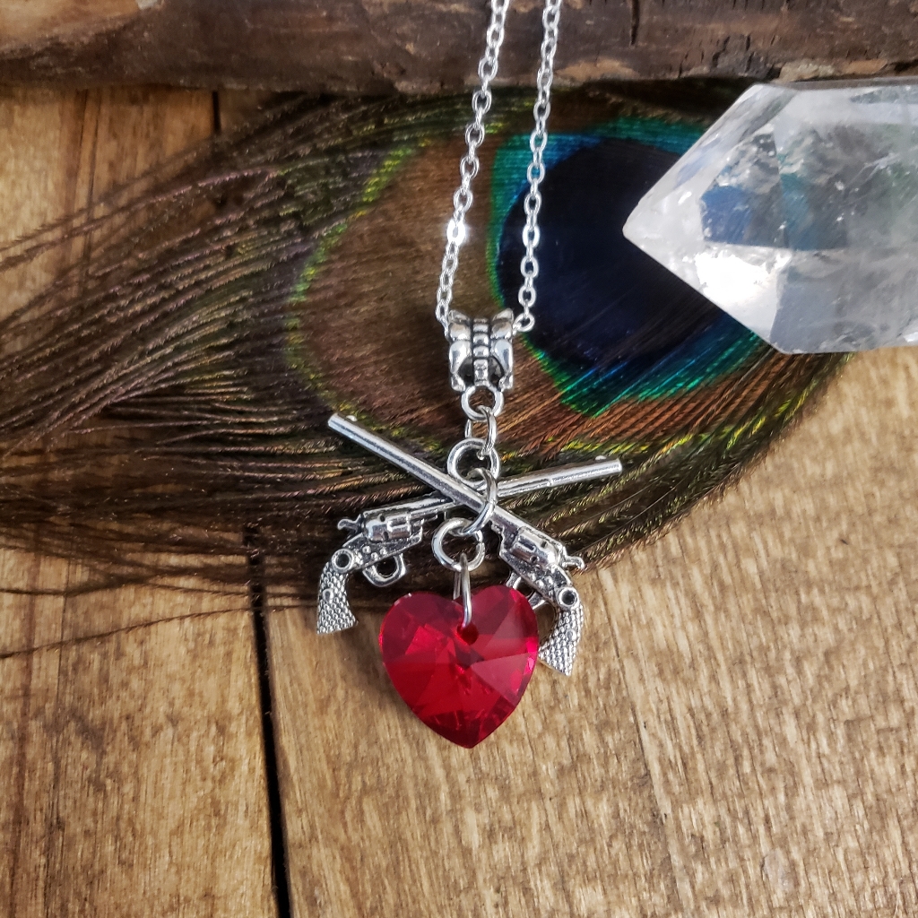 Country Cowgirl Red Crystal Heart Gun Necklace Cowboy Jewelry Gift Ideas 30$
